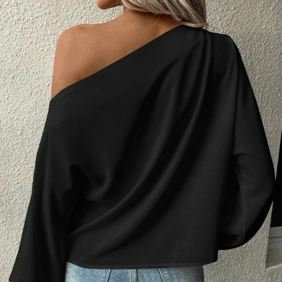 Black Preppy Womens Solid Asymmetrical Neck Lantern Sleeve Blouse - Picture 3 of 5